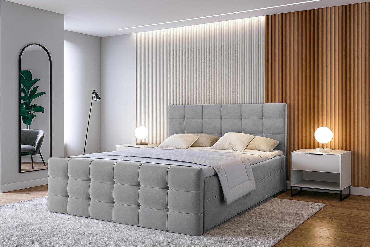 BOXBETT ARGENTARO 140x200 cm mit Bettkasten und Matratze - Grau + TOPPER - Schwarz/Grau, Holz/Holzwerkstoff (140/200cm) - AX Living