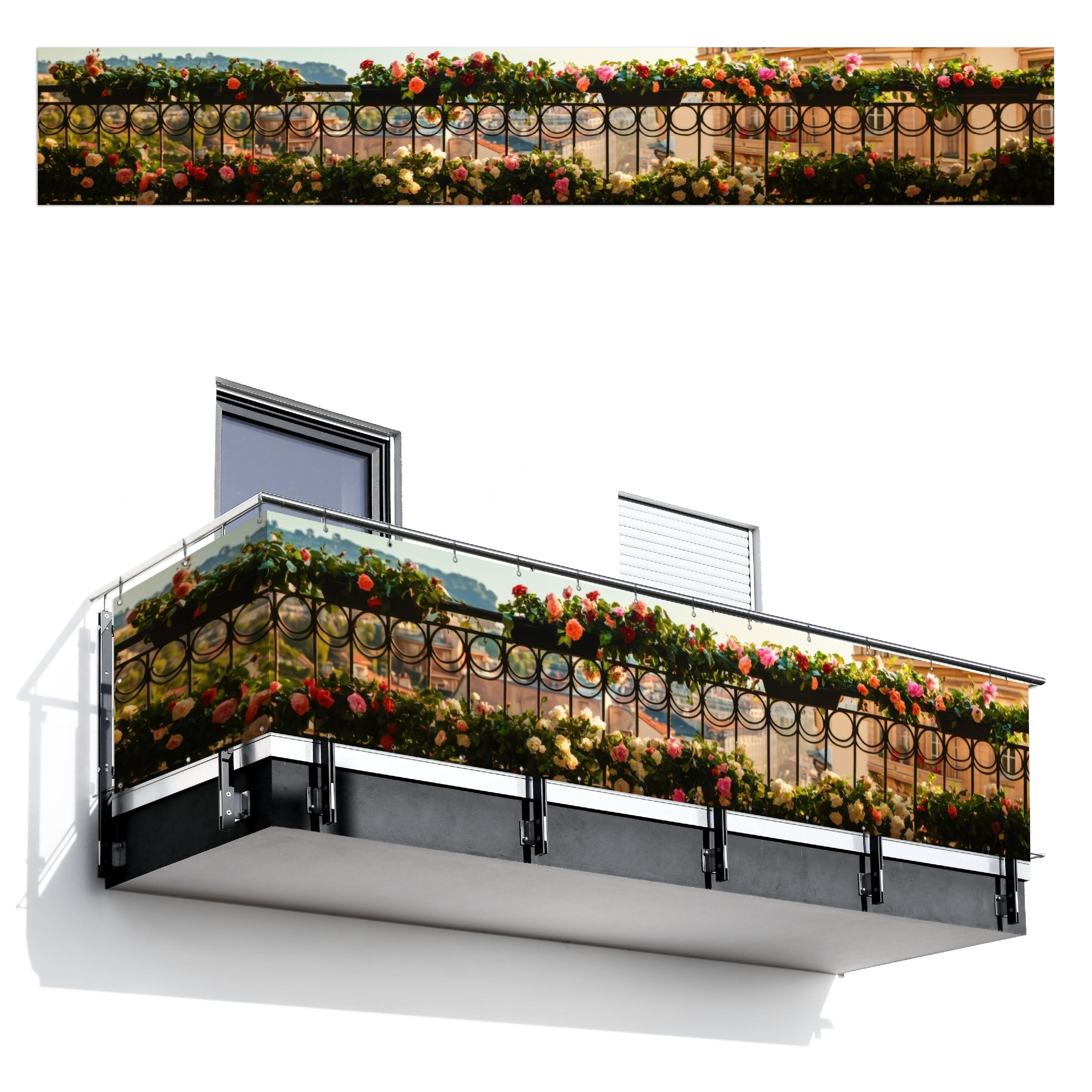 BALKON-SICHTSCHUTZ Blumen - Zaun - Stadtbild - Sommer Balkon Deko 500x75 cm - Pink, Kunststoff (500/75cm) - MuchoWow