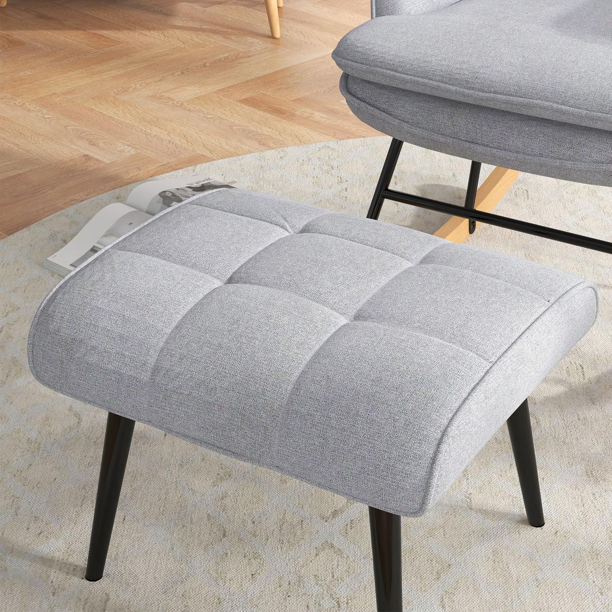 SCHAUKELSTUHL Schwingsessel mit Hocker Armlehnsessel Relaxsessel mit Leinenoptik - Hellgrau/Schwarz, Buchenholz/Textil (89/90/64cm) - HOMCOM