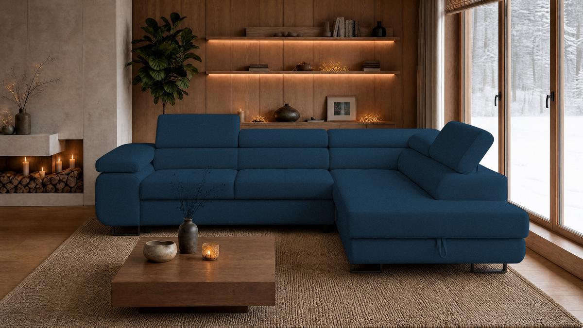 ECKSOFA Velmo mit Bettkasten und Schlaffunktion, verstellbaren Kopfstützen, in L-Form - Blau, Textil (275/203cm)
