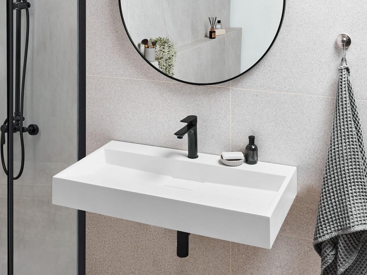 HÄNGEWASCHBECKEN Weiß 90/46 cm Mineralguss Quenko - Weiß, Naturmaterialen (90/12/46cm) - Beliani