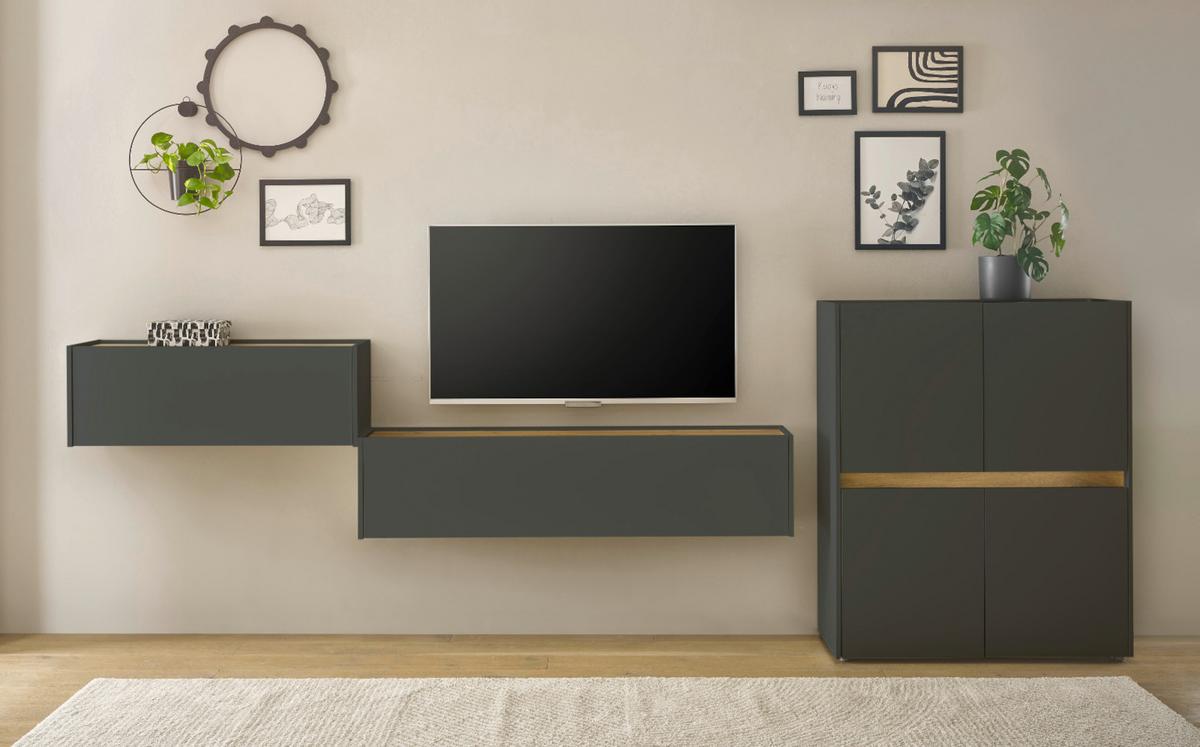 WOHNWAND 3-teilig grau matt, Eiche Wotan 370 cm, Schrankwand mit Sekretär - Eiche Wotan/Grau, Holzwerkstoff/Kunststoff (370/122/40cm) - Furn.Design