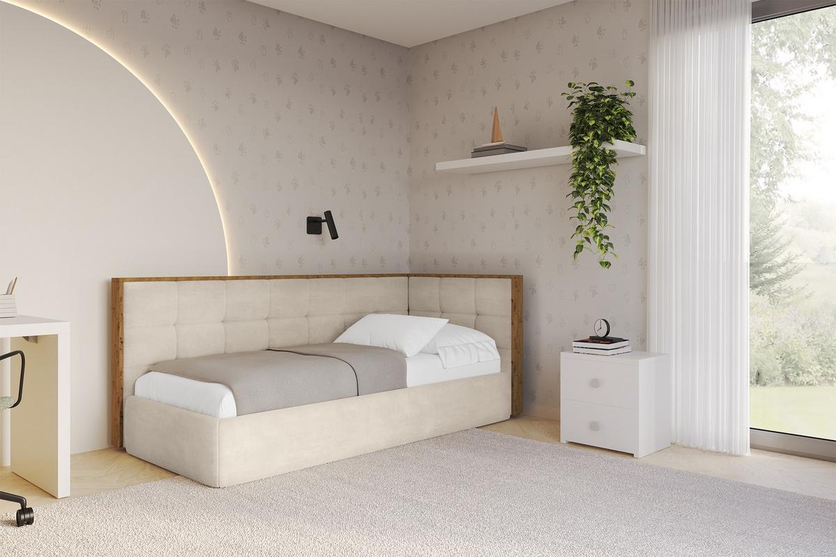 EINZELLBETT Jugendbett mit Bettkasten und Matratze H3/H4, Links - SOVY 80x200 Beige - Beige, Holzwerkstoff/Textil (80/200cm) - ALTDECOR
