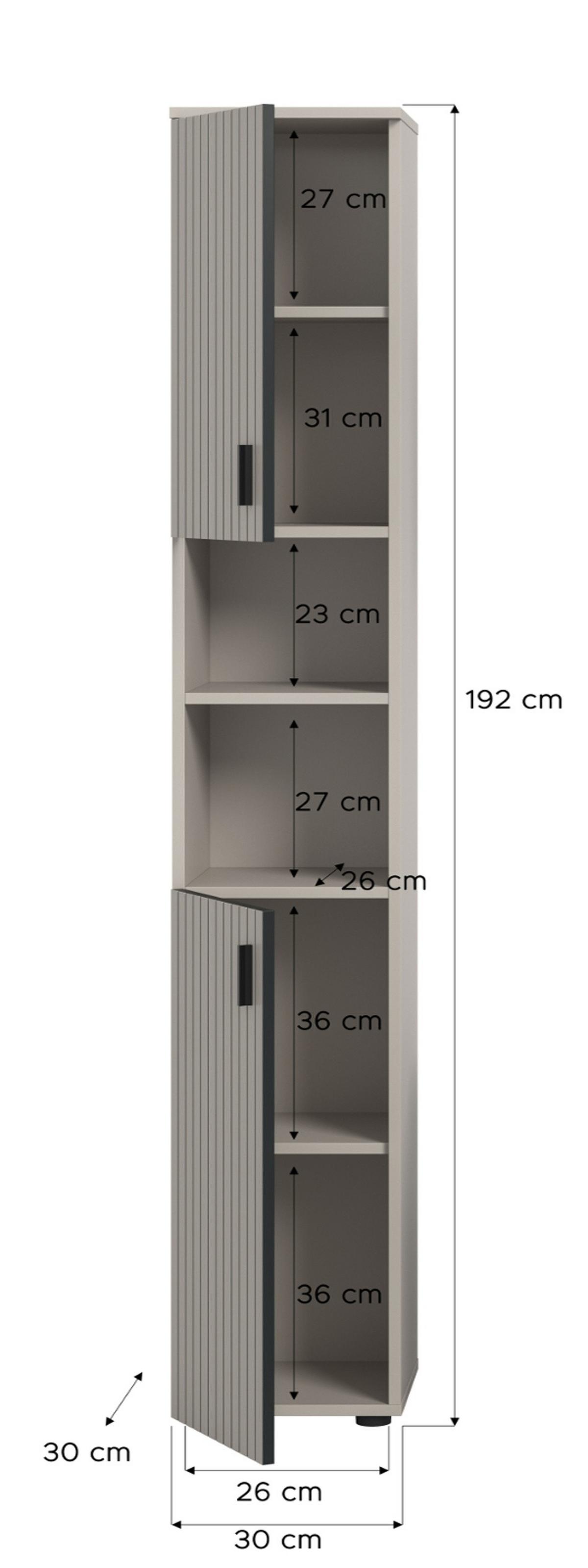 HOCHSCHRANK Kaschmir 30 x 192 cm, Badschrank mit 6 Fächern - Kaschmir/Schwarz, Holzwerkstoff/Kunststoff (30/192/30cm) - Inn.Furn