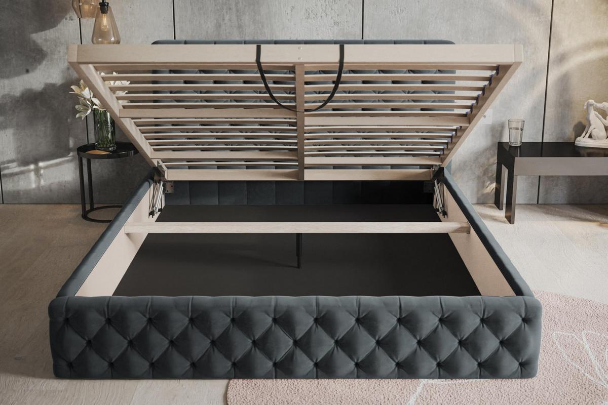 BETT 90x200 - Polsterbett mit Bettkasten und Holzrahmen - Elegant Betten - Weicher Jasminstoff - Kollektion Miami, Dunkelgrau - Dunkelgrau, Holz/Textil (90/200cm) - Alpi-Möbel