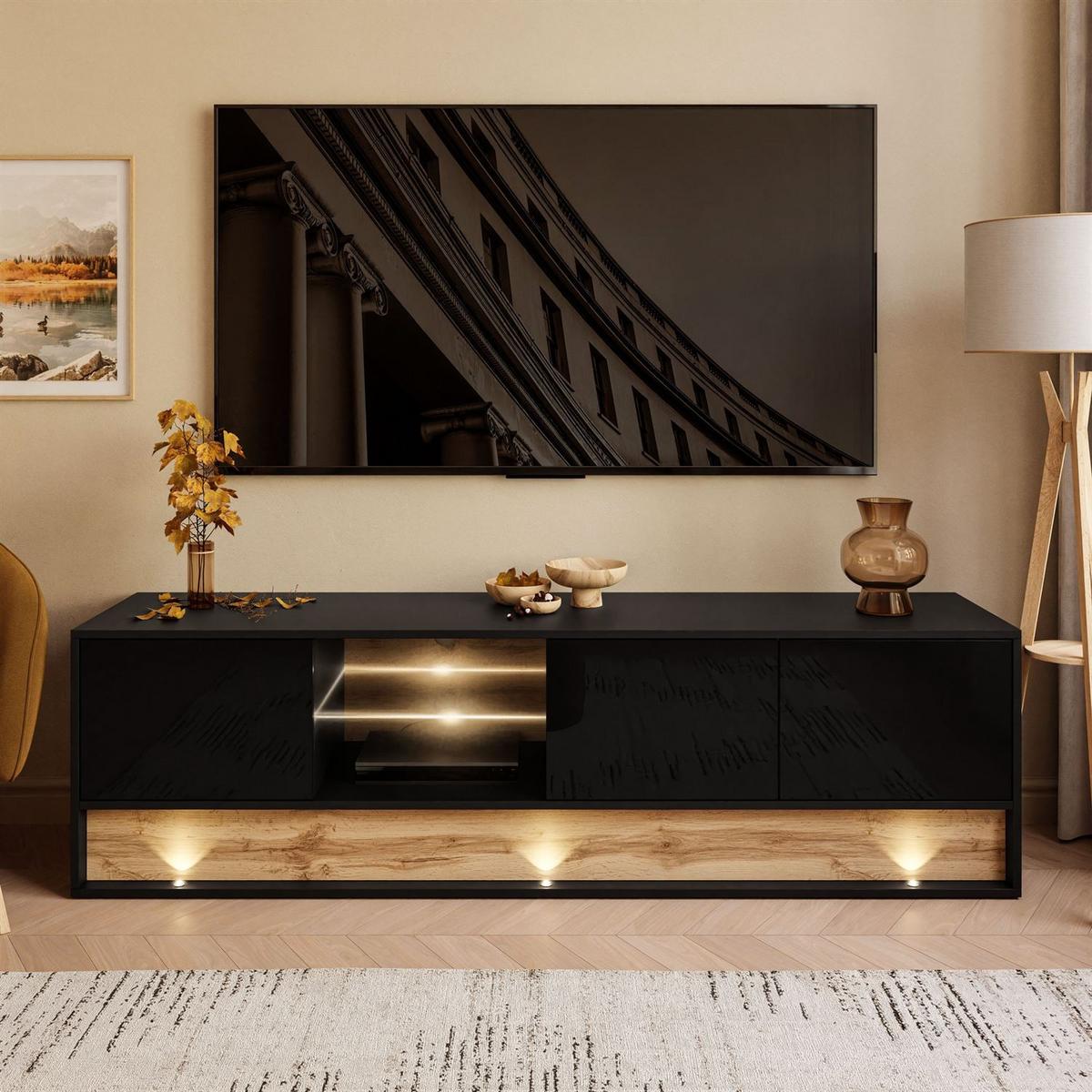 TV-ELEMENT VILLA 180 cm mit Einsatz aus Wotan Eiche - Eiche Wotan/Schwarz, Holzwerkstoff (180/50/40cm) - Lookway