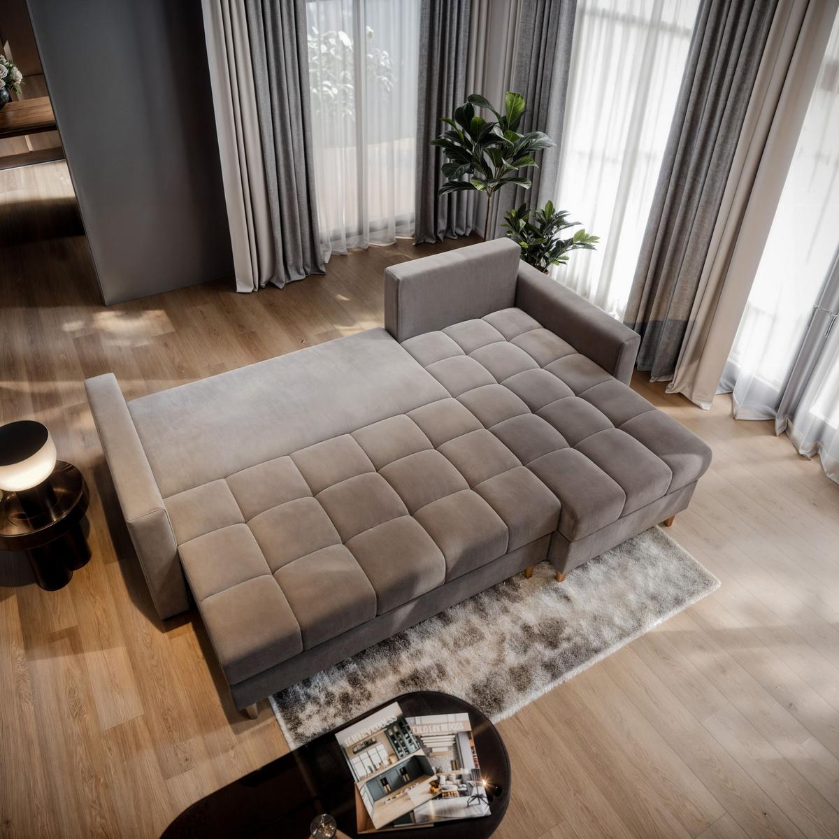 ECKSOFA MILO L Beige Plüsch-Stoff mit Schlaffunktion - Beige/Braun, Holz/Textil (220/140cm) - MASSENO