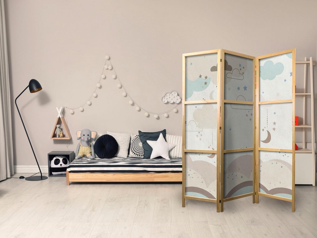 PARAVENT Japanischer 3-tlg 135x172 cm Pastellfarbene Wolken und Sterne - Beige, Holz/Textil (135/172/3cm) - Muralo