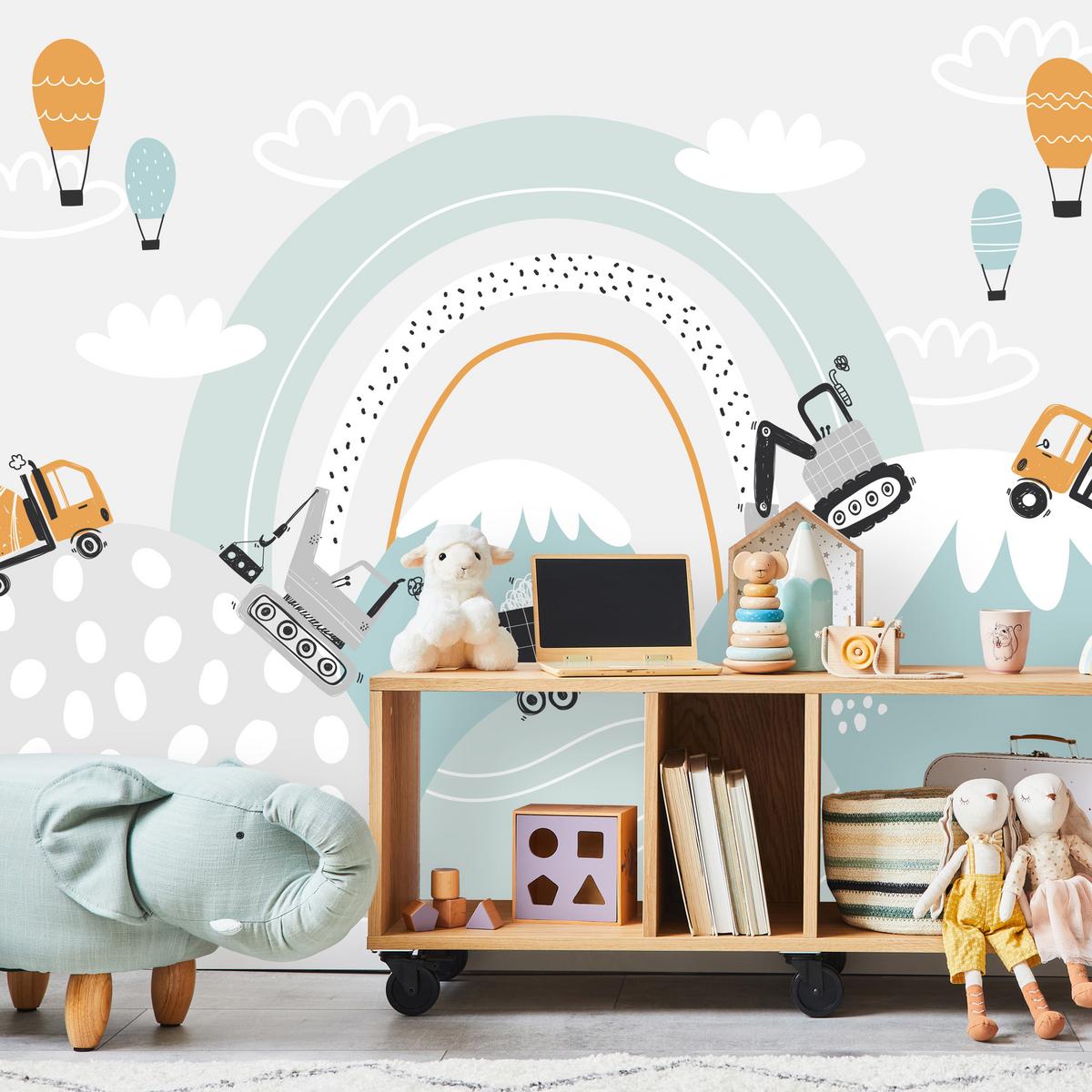 FOTOTAPETE für Kinderzimmer Baumaschinen Regenbogen Hügel Wolken 250x175 - Blau/Schwarz, Papier (250/175cm) - Muralo