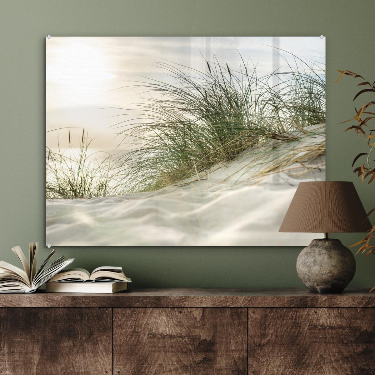 ACRYLGLASBILD Dünen mit Strandhafer in der Sonne des Nationalparks Schleswig-Holsteinisches Wattenmeer 80x60 cm - Creme, Glas (80/60cm) - MuchoWow