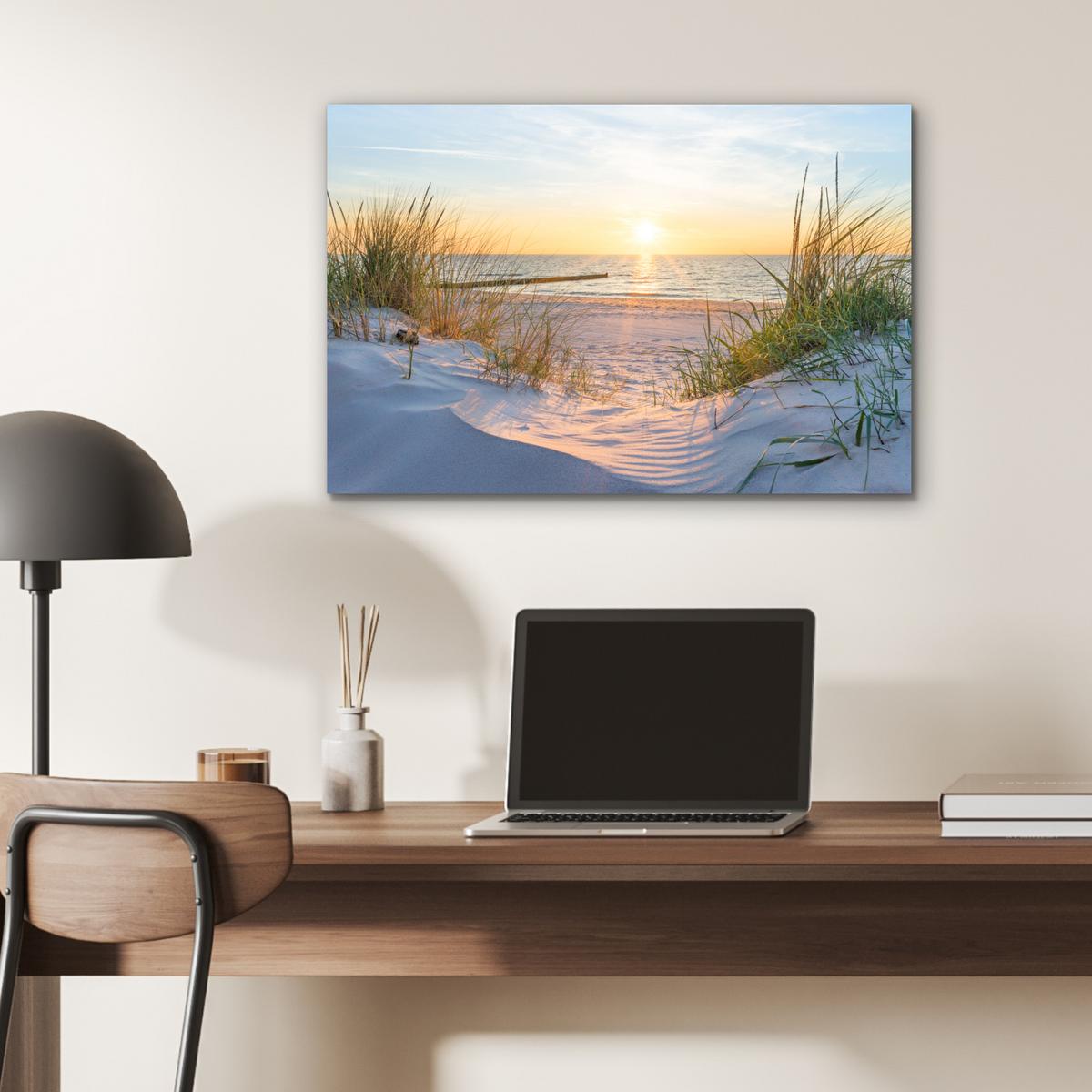 METALLBILD Strand - Sonne - Düne - Gras - Sand - Horizont Wandbild 60x40 cm - Hellblau, Metall (60/40cm) - MuchoWow