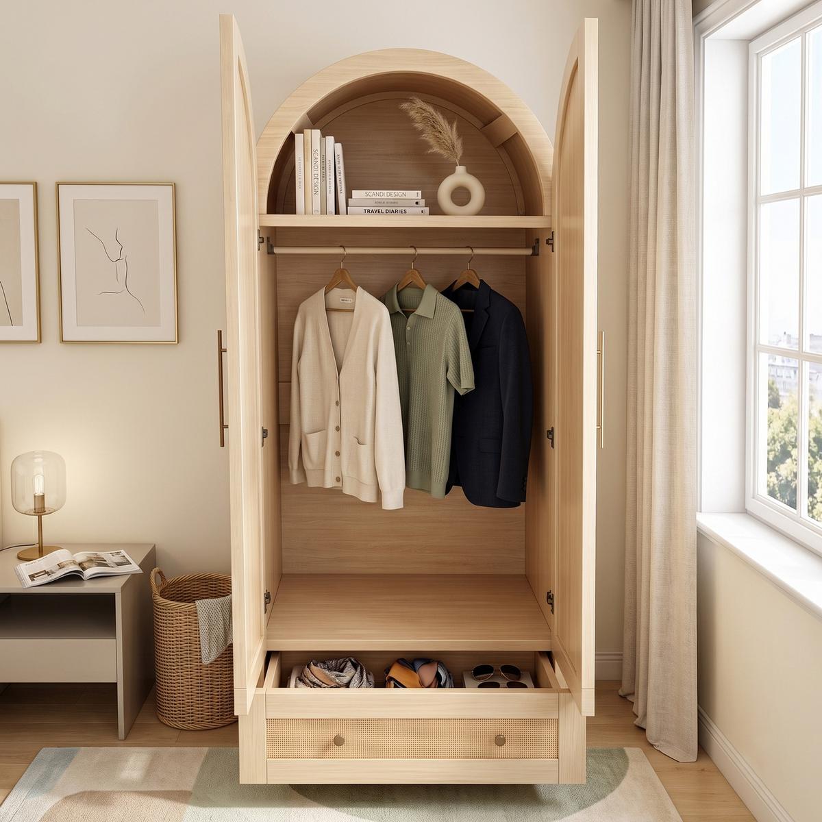 KLEIDERSCHRANK Doppeltüren Kunstrattan Holz mit Schubladen - Naturfarben, Holzwerkstoff (70/170/55cm) - Urban Meuble