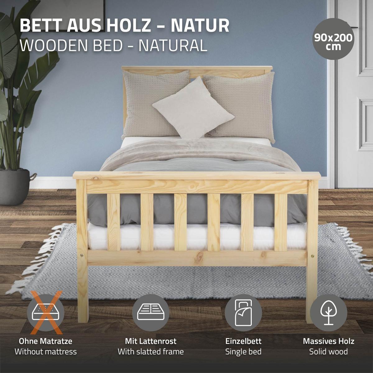 HOLZBETT 90x200 cm Natur aus Kiefernholz mit Lattenrost - Naturfarben, Holz (90/200cm) - ML-DESIGN