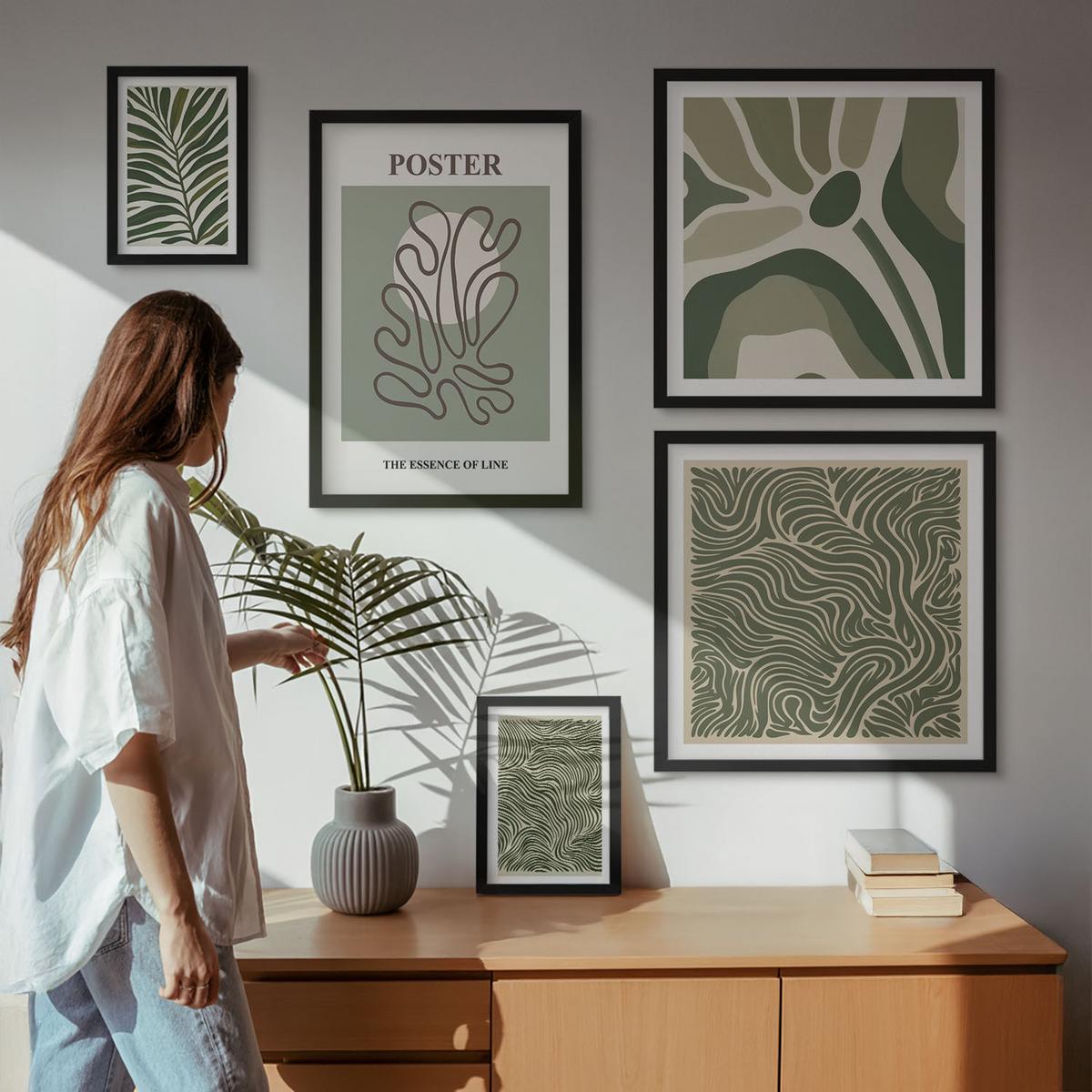 BILDER SET 5er Set - 50x50 cm & 20x30 cm & 40x60 cm Schwarzer Rahmen - Blattmuster und wellenförmige Formen - Schwarz, Kunststoff (40/60cm) - TULUP