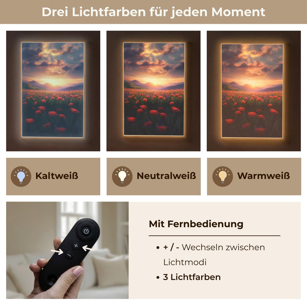 WANDLEUCHTE MIT AKKU Landschaft - Sonnenuntergang - Blumenfeld 60x90 cm - Rot, Holzwerkstoff (60/90/8cm) - OnlyWow