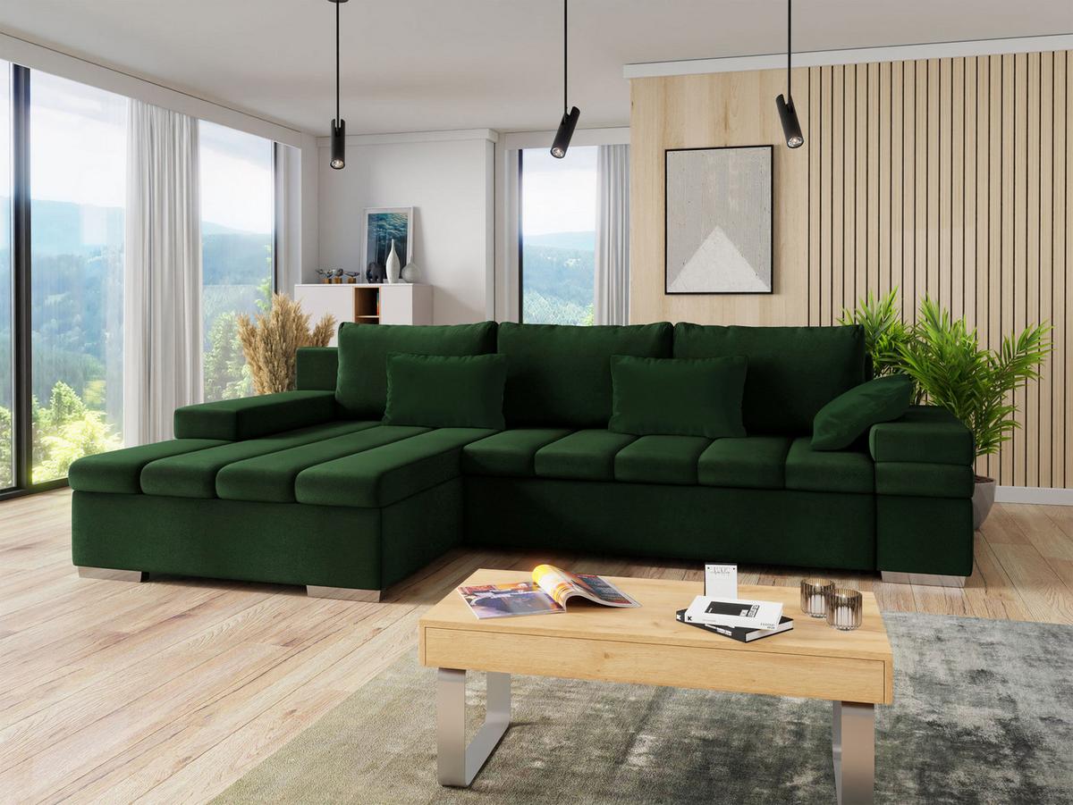 ECKSOFA Bangkok, Seite: Links - Waldgrün/Silberfarben, Holz/Textil (310/175cm) - MIRJAN24