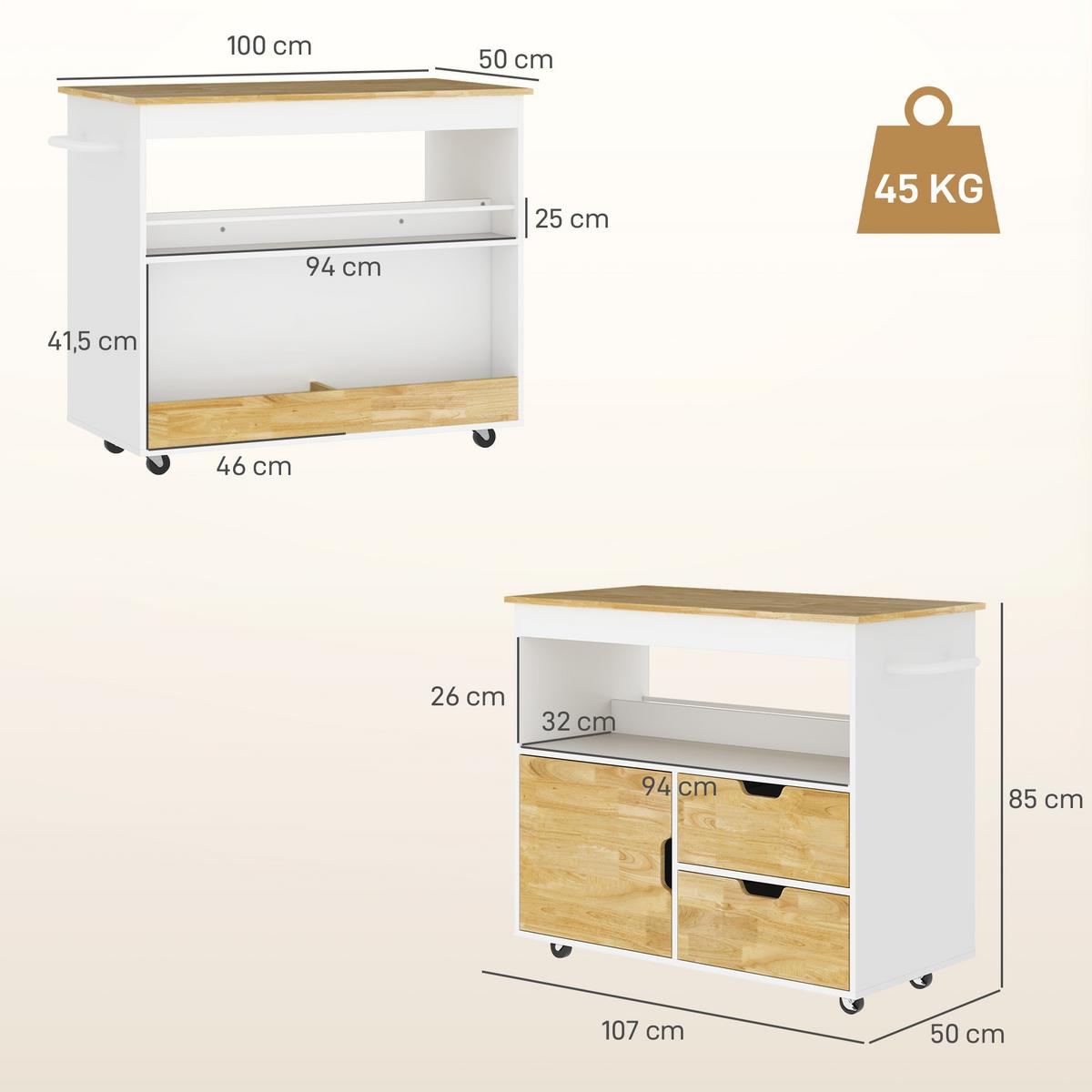 KÜCHENWAGEN Servierwagen mit Arbeitsplatte, Schubladen, Küchenschrank, Eiche - Eichefarben, Holz (50/85/107cm) - HOMCOM