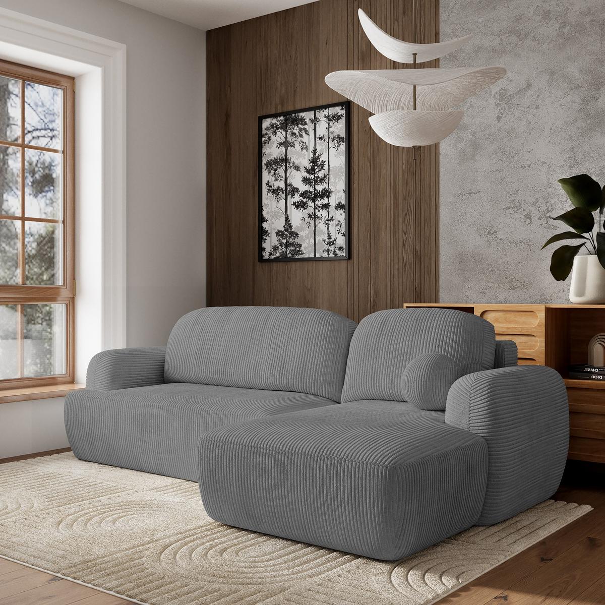 ECKSOFA MODENZA P R-S Grau Kordstoff mit Schlaffunktion - Schwarz/Grau, Holz/Kunststoff (266/148cm) - MASSENO