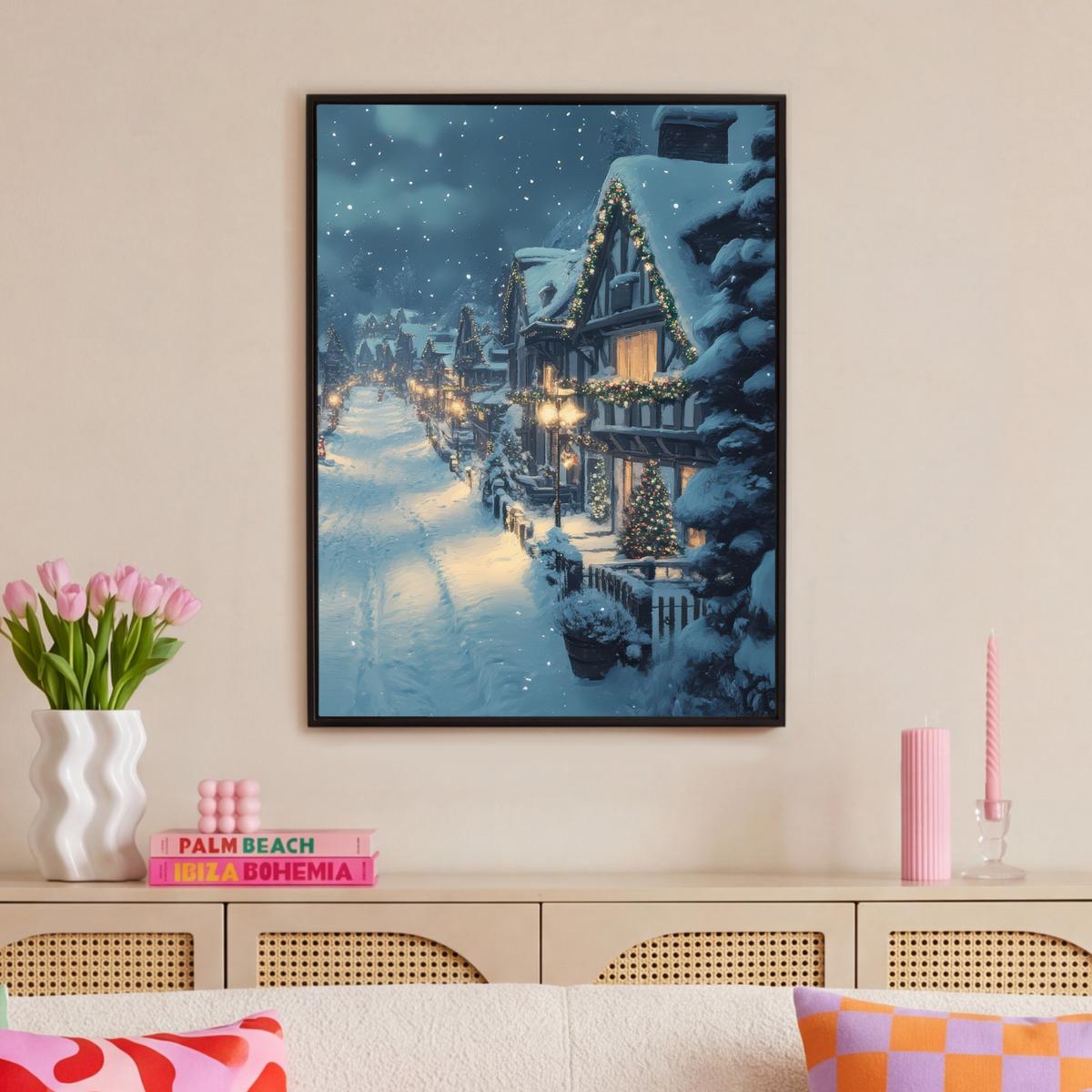 LEINWAND Bilder mit Rahmen - Weihnachtsdorf - Weihnachten - Schnee - Winter - 70x100 - Dunkelblau, Textil (70/100cm) - MuchoWow