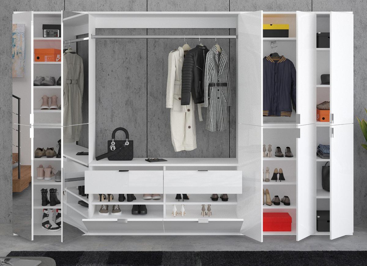 GARDEROBEN-SET weiß Hochglanz 273 cm viel Stauraum, Flurgarderobe mit Spiegeltür - Chromfarben/Weiß Hochglanz, Glas/Holzwerkstoff (273/193/34cm) - Inn.Furn