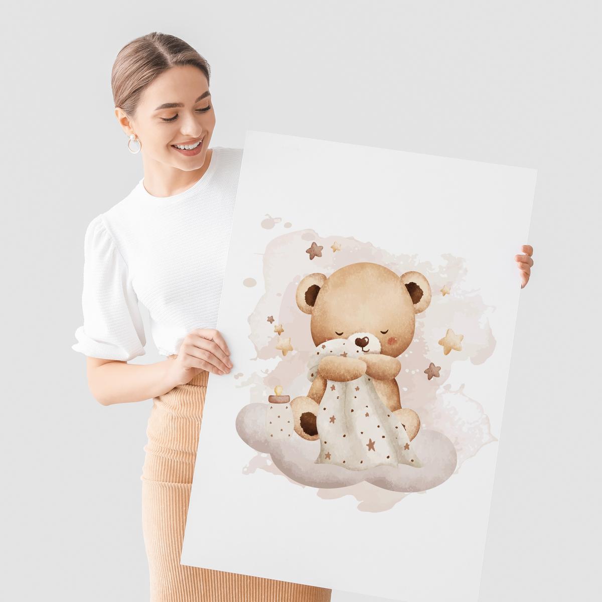 POSTER SET für Kinderzimmer Schlafende Bären auf Wolken Sterne 3x Poster A3 30x42cm - Beige/Braun, Papier (30/42/1cm) - Muralo