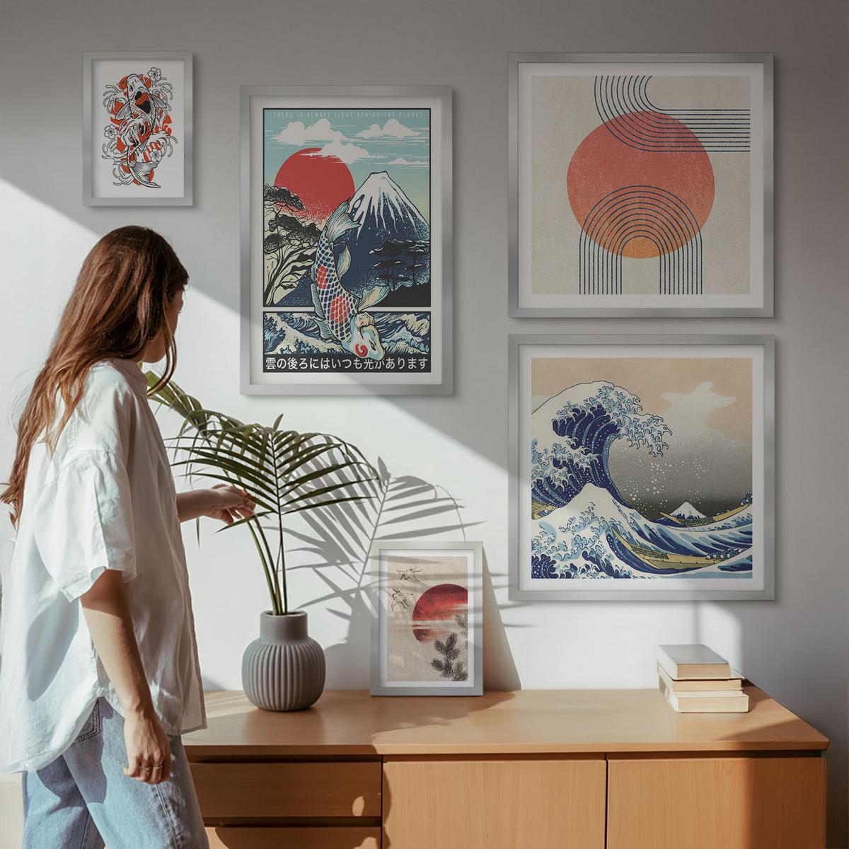BILDER SET 5er Set - 50x50 cm & 20x30 cm & 40x60 cm Silberner Rahmen - Illustrationen von Fischbergen, die sich in Japan ausbreiten - Silberfarben, Kunststoff (40/60cm) - TULUP