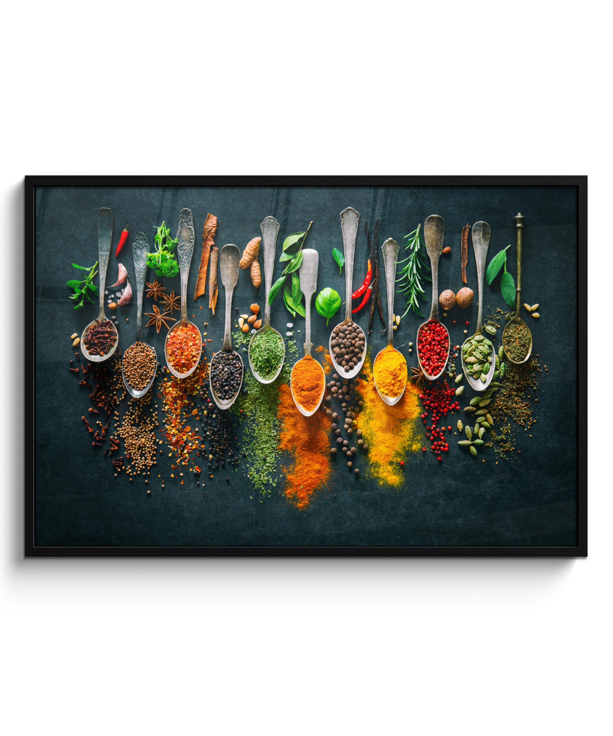 POSTER MIT RAHMENGERAHMTES BILD Kräuter - Gewürze - Löffel 120x80 cm - Currygelb, Papier (120/80cm) - MuchoWow