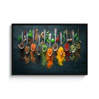 POSTER MIT RAHMENGERAHMTES BILD Kräuter - Gewürze - Löffel 120x80 cm - Currygelb, Papier (120/80cm) - MuchoWow