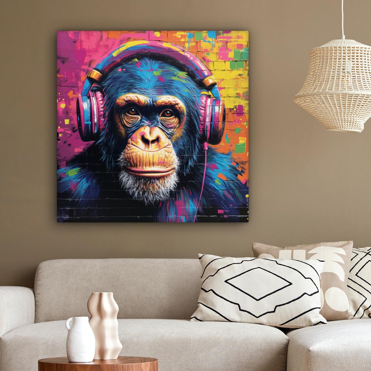 LEINWANDBILD Graffiti - Schimpanse - Straßenkunst - Kopfhörer - Affe Deko Groß 90x90 cm - Blau, Textil (90/90cm) - MuchoWow