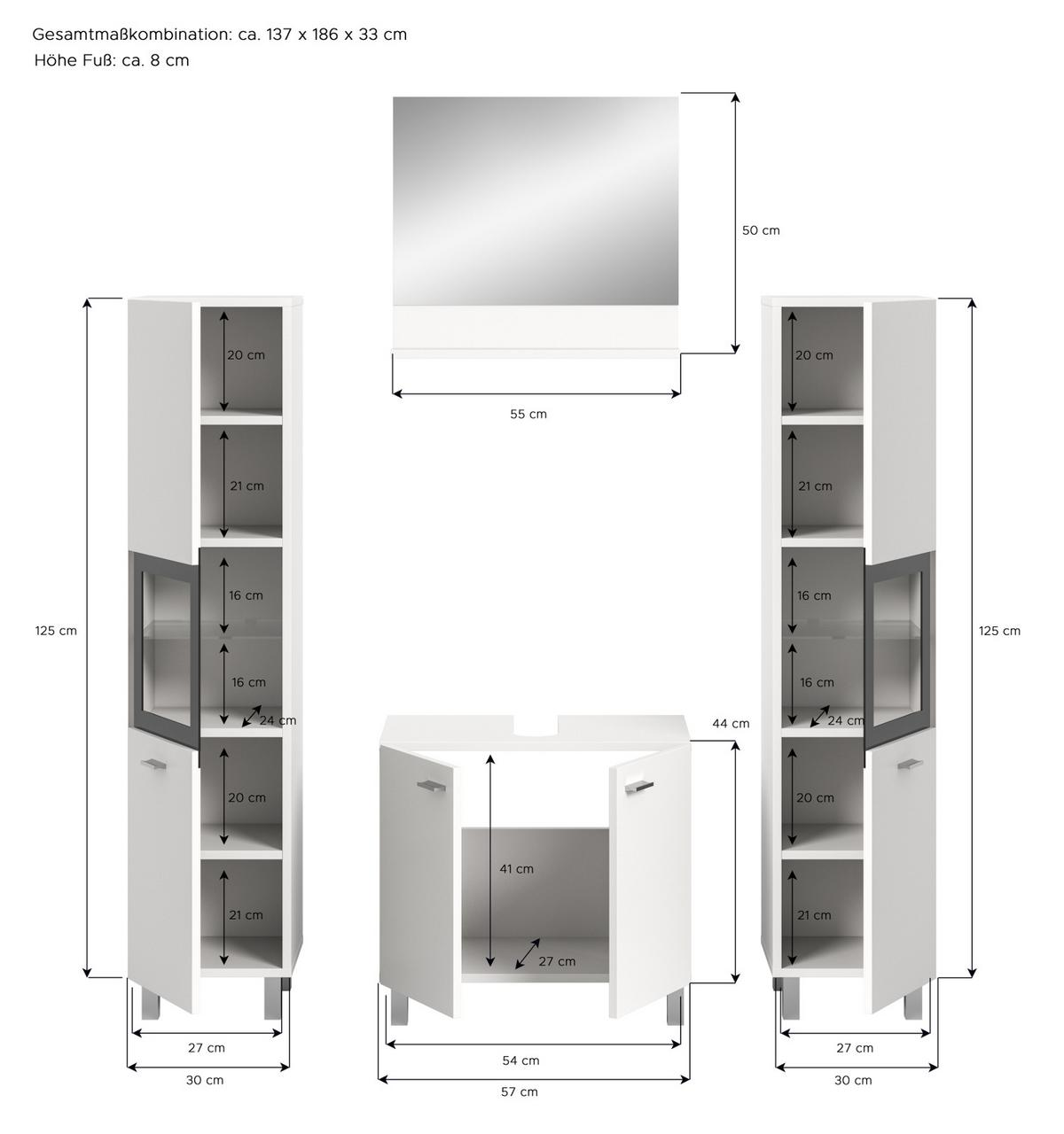 BADMÖBEL-SET weiß 4-teilig 140 cm, Kombination hängend oder stehend - Weiß, Glas/Holzwerkstoff (137/186/33cm) - Inn.Furn
