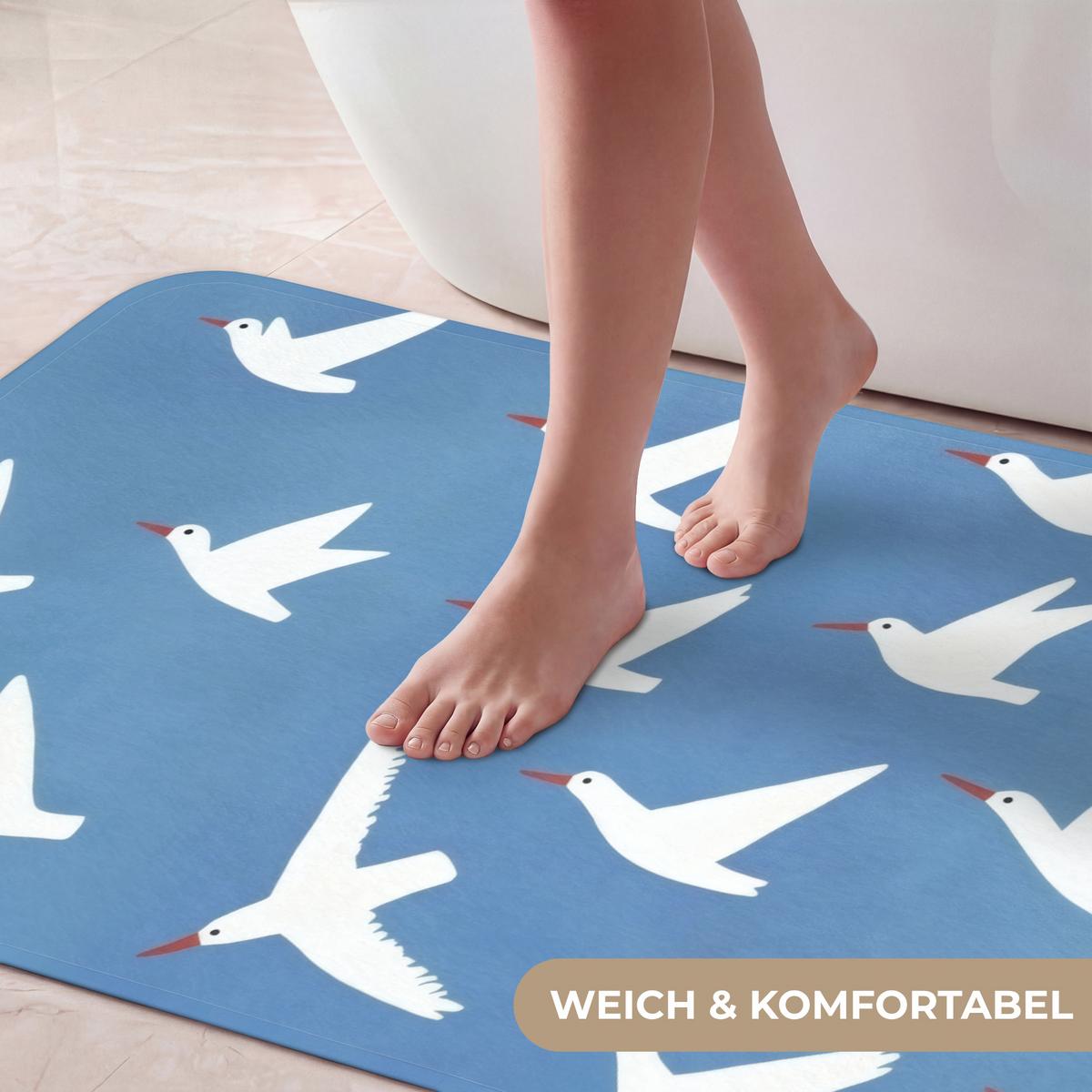 BADEMATTE Vögel - Weiß - Muster 120x60 cm - Blau, Textil (120/60cm) - OnlyWow