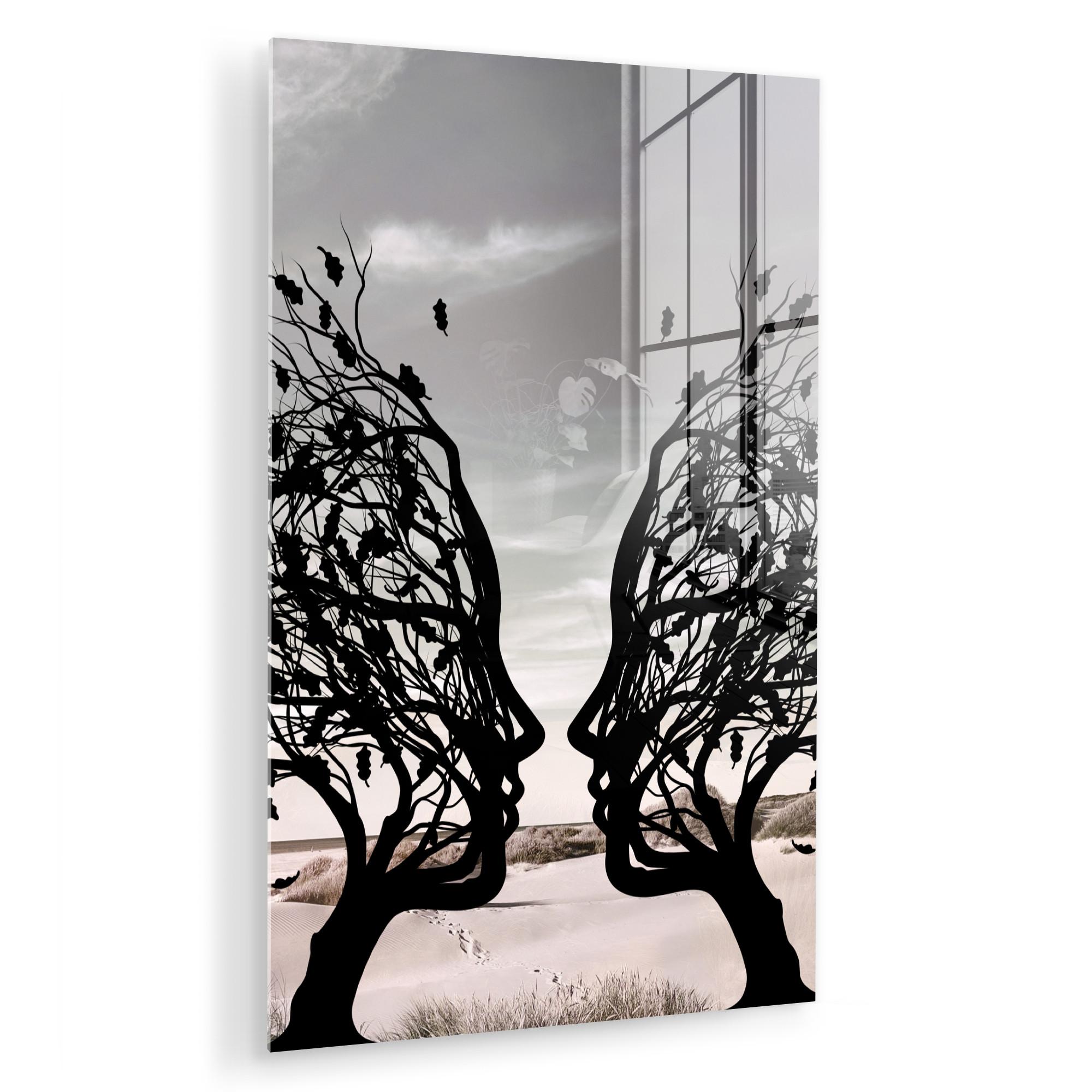 ACRYLGLASBILD Strand - Meer - Menschen - Baum - Moderne Kunst Wanddeko Wohnzimmer 40x60 cm - Hellgrau, Glas (40/60cm) - MuchoWow