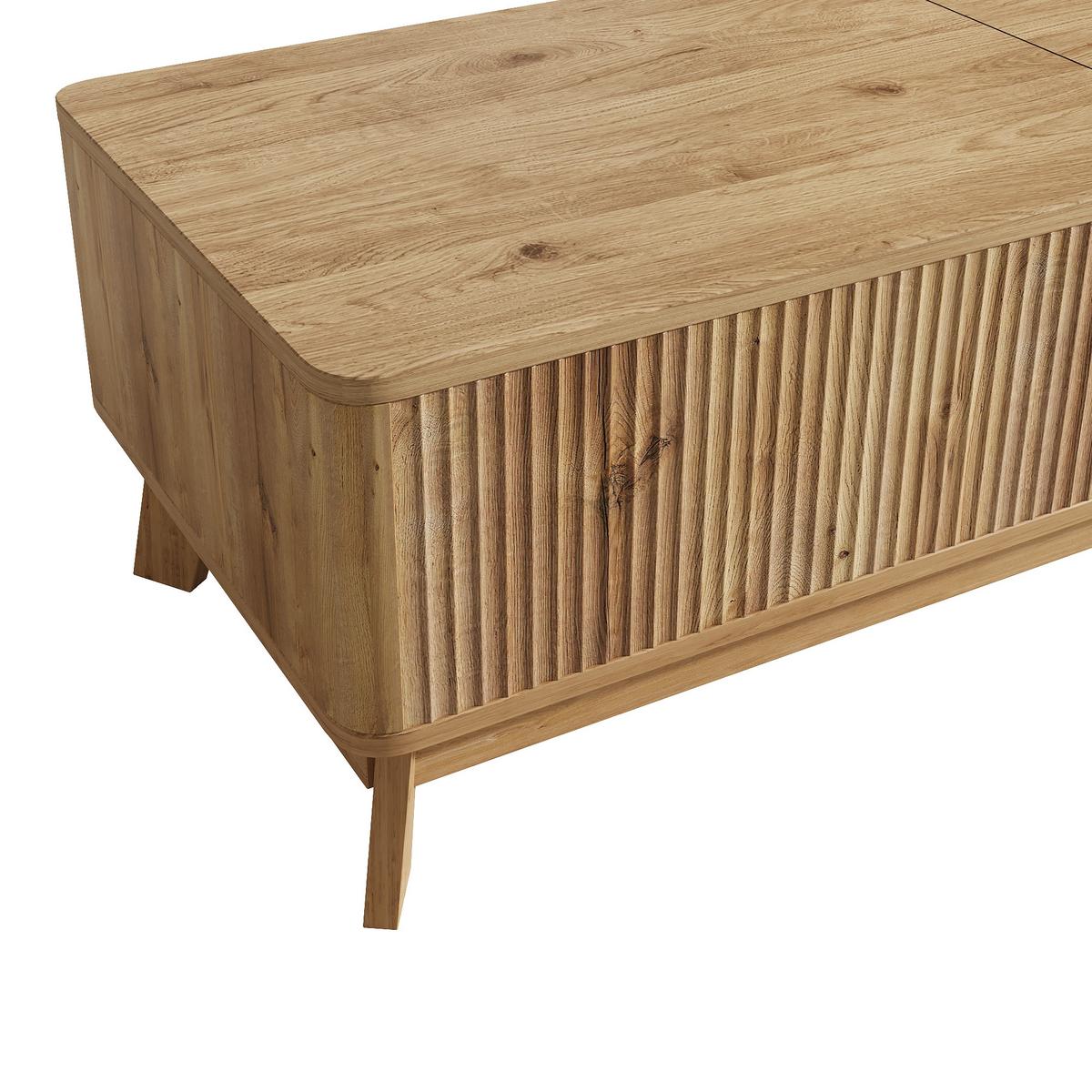 COUCHTISCH holzoptik & 3d-wellen-design mit lift-funktion & verstecktem stauraum - Naturfarben, Holzwerkstoff (48/95/50cm) - Urban Meuble