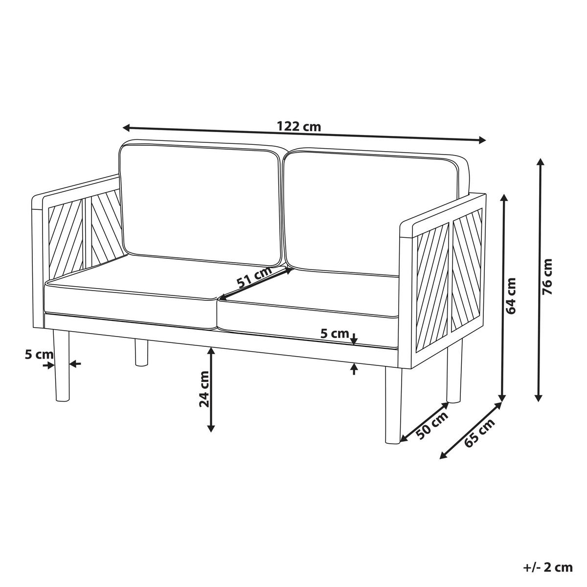 GARTENSOFA 2-Sitzer Akazienholz hellbraun Auflagen creme Baratti - Hellbraun/Weiß, Holz (122/76/65cm) - Beliani