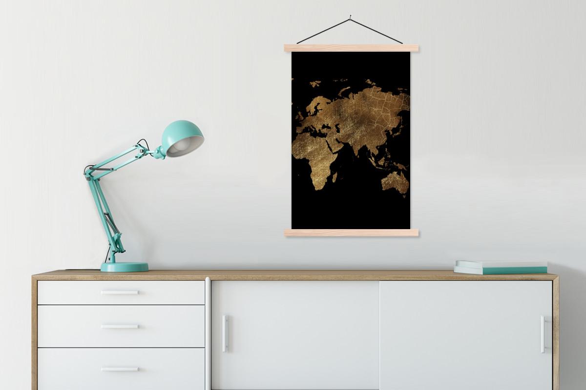 POSTER MIT MAGNETLEISTEN Weltkarte - Gold - Luxus - Erde - Schwarz Wandbild Schlafzimmer 60x90 cm - Goldfarben, Textil (60/90/0.15cm) - MuchoWow