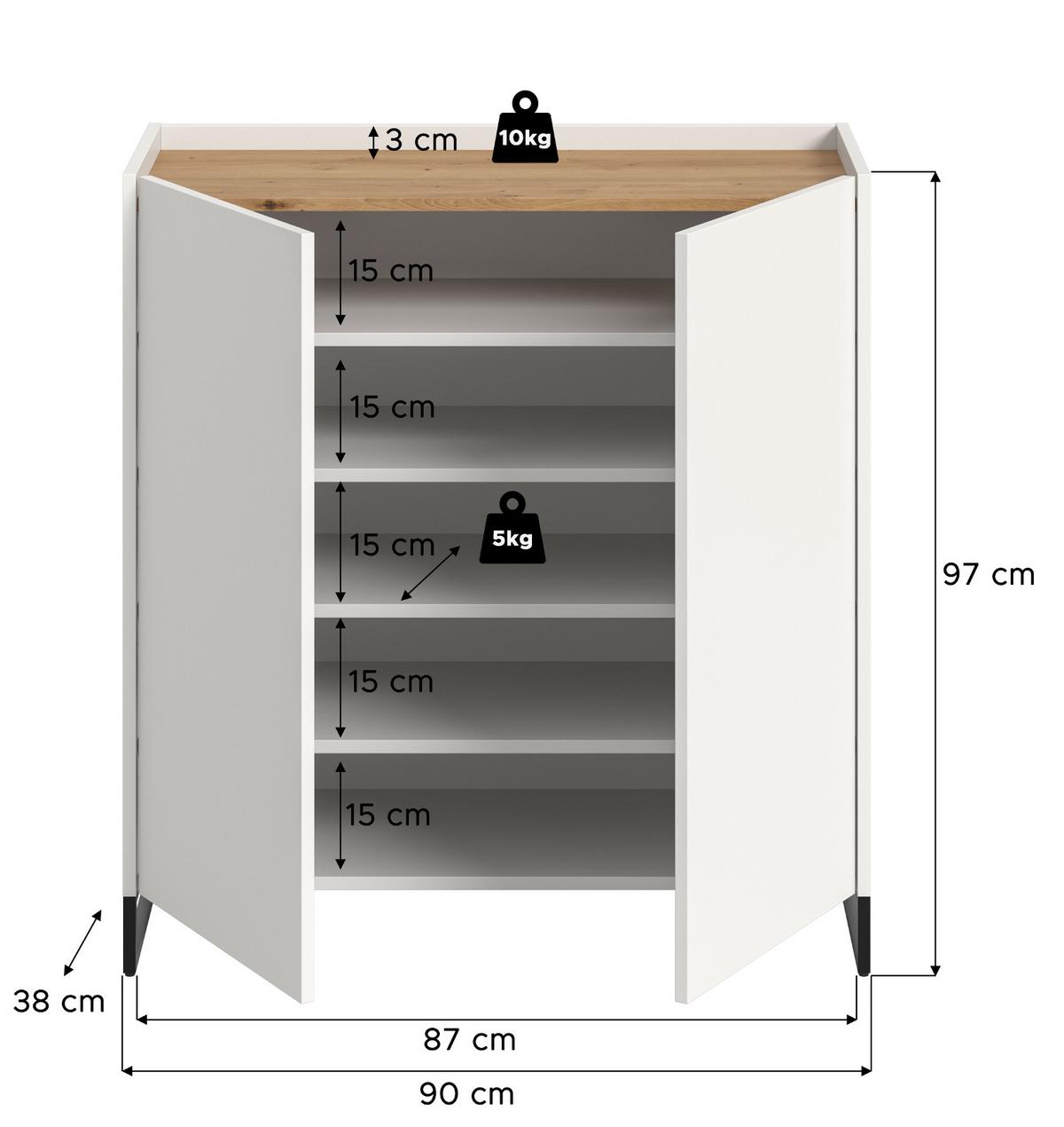 SCHUHSCHRANK weiß und Artisan Eiche, Schuhkommode 90 x 97 cm, Soft-Close - Schwarz/Weiß, Holzwerkstoff/Metall (90/97/38cm) - Inn.Furn