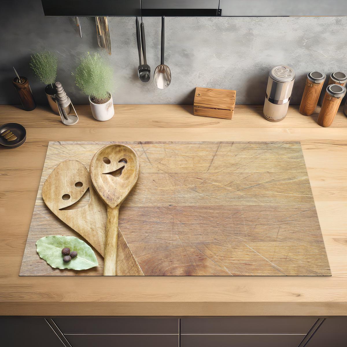 HERDABDECKPLATTE Holz - Löffel - Braun - Smiley Ceranfeldabdeckung 85x52 cm - Hellbraun, Kunststoff (85/52/0.2cm) - MuchoWow