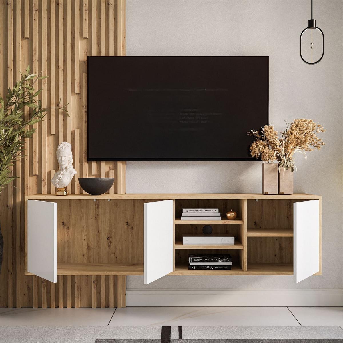 TV-ELEMENT SANAYI Hängend mit Regalen Eiche Artisan/Weiß - Weiß, Holzwerkstoff (156/41/38cm) - Lookway