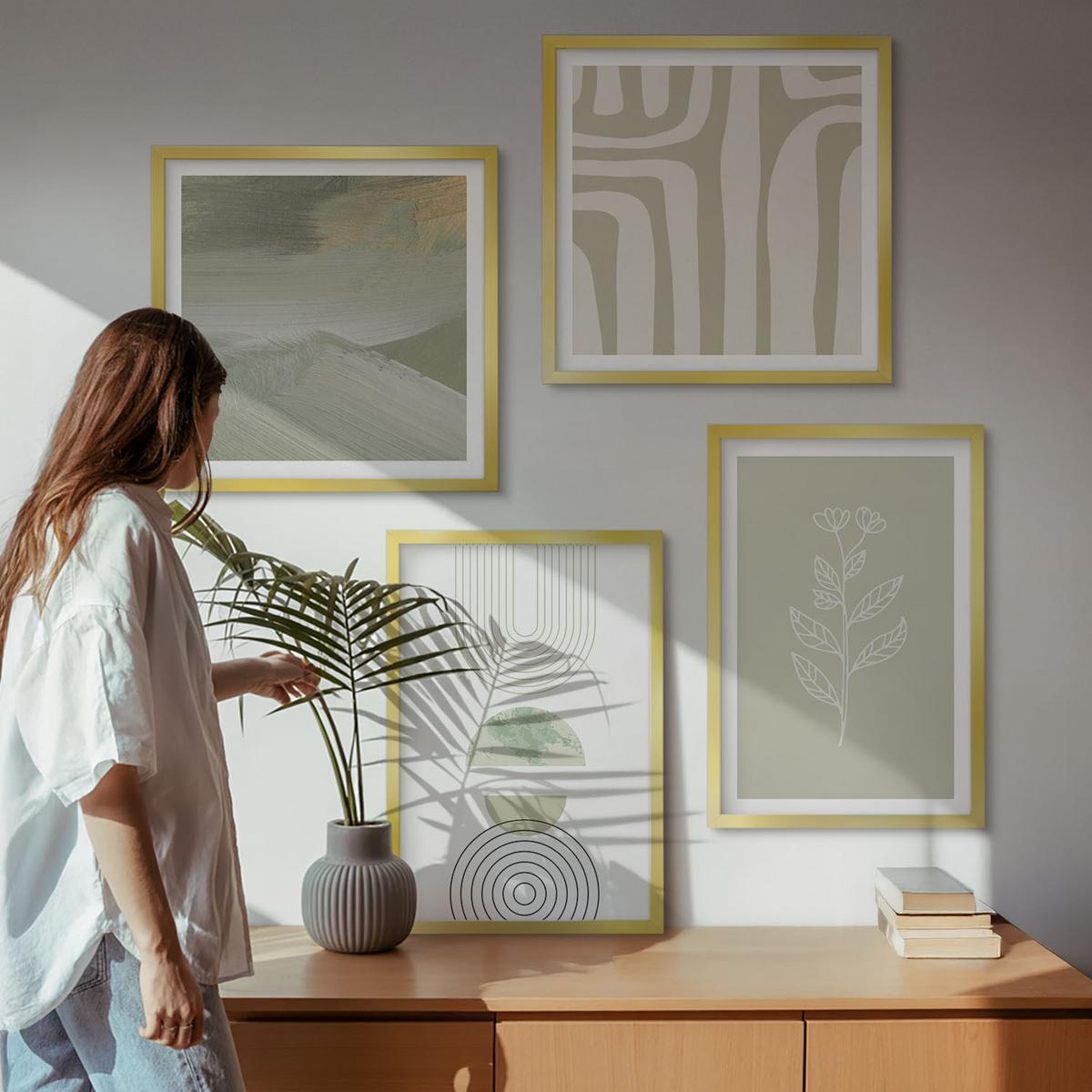 BILDER SET 4er Set - 50x50 cm & 40x60 cm Goldrahmen - Geometrische Pflanzenmuster - Goldfarben, Kunststoff (50/50cm) - TULUP