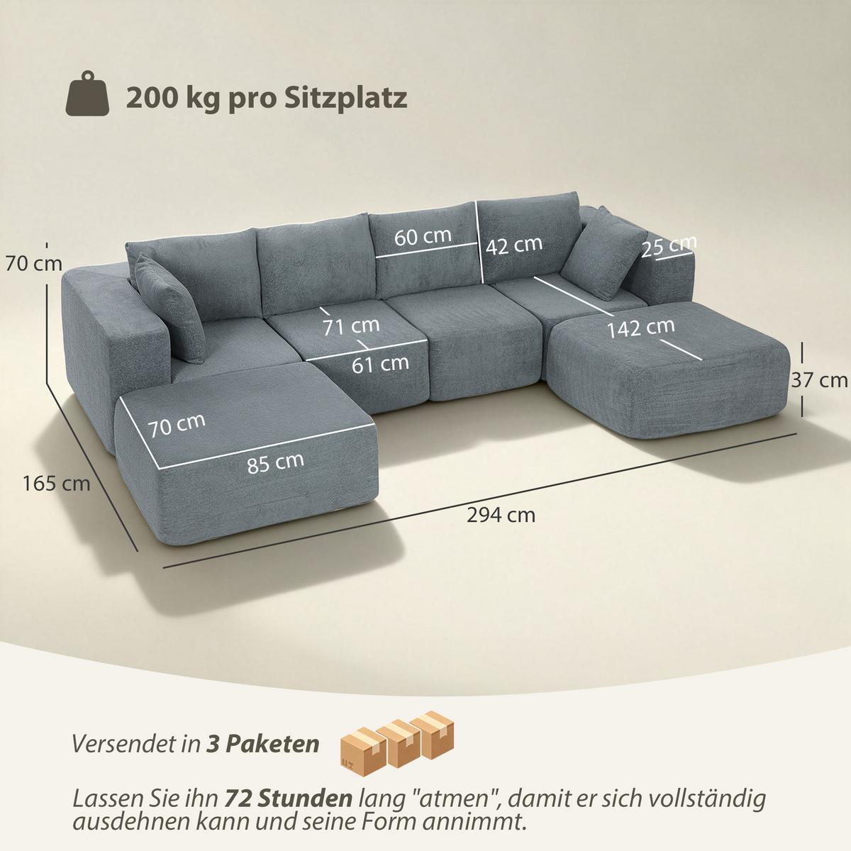 ECKSOFA U-Form 294/165/70 cm Dunkelgrau - Dunkelgrau, Textil (165/294cm) - HOMCOM