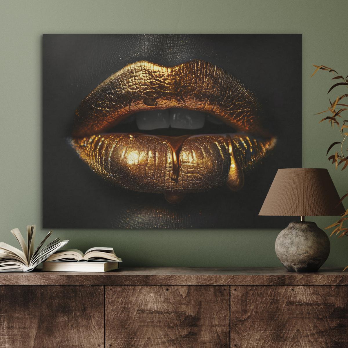 AKUSTIKBILD Frau - Porträt - Lippen - Gold - Schwarz Gemälde 80x60 cm - Schwarz, Kunststoff (80/60/0.9cm) - MuchoWow
