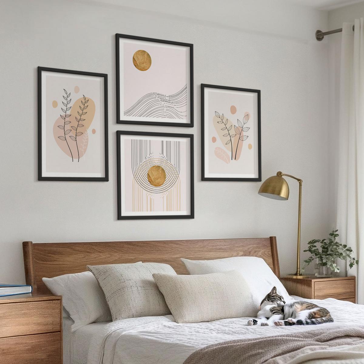 BILDER SET 4er Set - 50x50 cm & 40x60 cm Schwarzer Rahmen - Minimalistische Pflanzenzeichnungen - Schwarz, Kunststoff (50/50cm) - TULUP