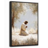 LEINWAND Bilder mit Rahmen - Jesus - Kniend - Waldlandschaft - Betend - 40x60 - Beige, Textil (40/60cm) - MuchoWow