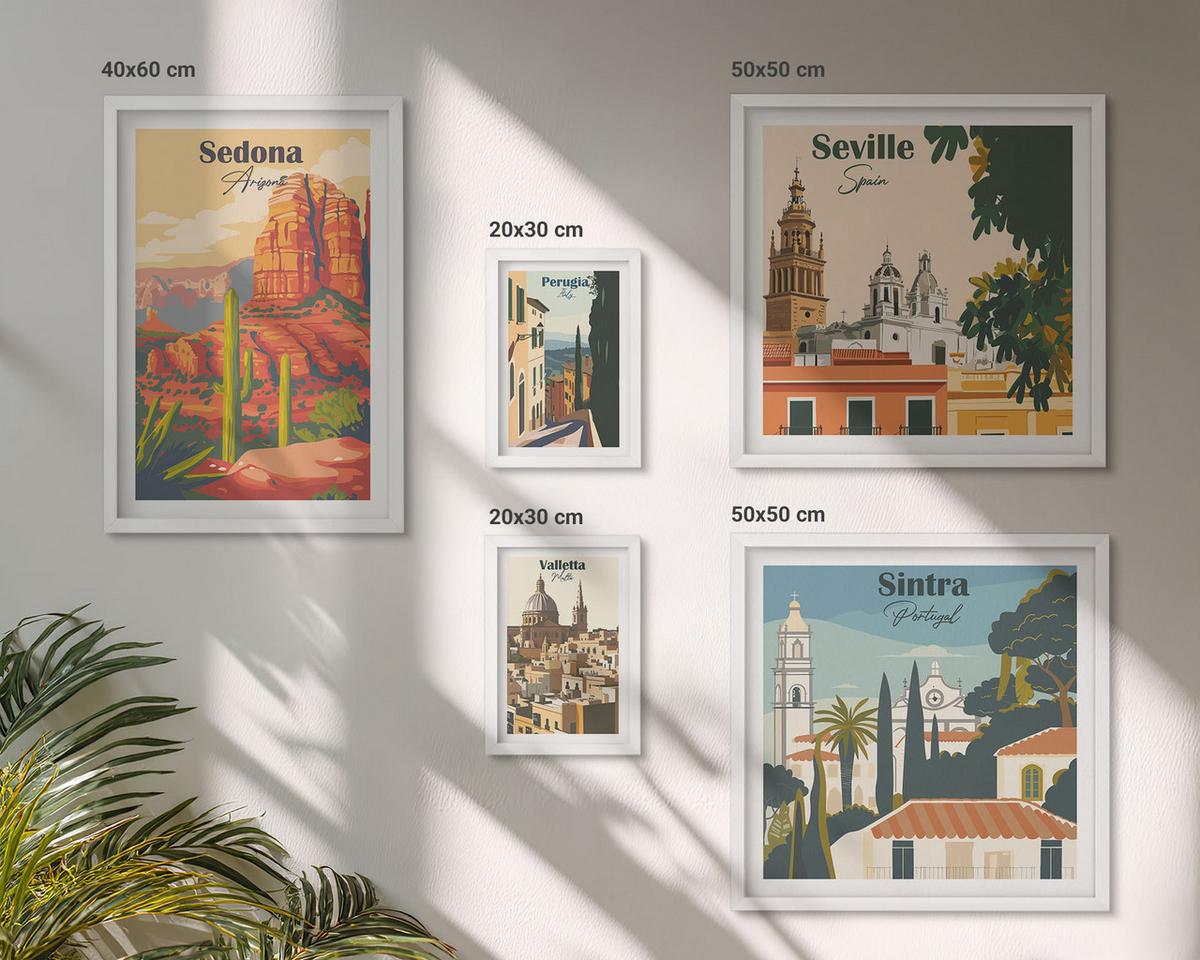 BILDER SET 5er Set - 50x50 cm & 20x30 cm & 40x60 cm Weißer Rahmen - Illustrationen von Küstenstädten - Weiß, Kunststoff (40/60cm) - TULUP