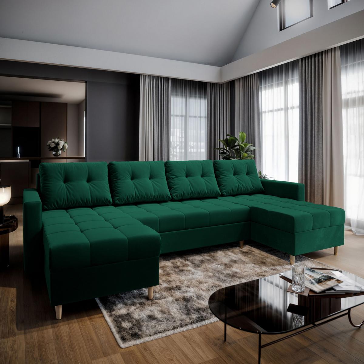 WOHNLANDSCHAFT MILO U Grün Plüsch-Stoff mit Schlaffunktion - Braun/Grün, Holz/Textil (285/91/140cm) - MASSENO