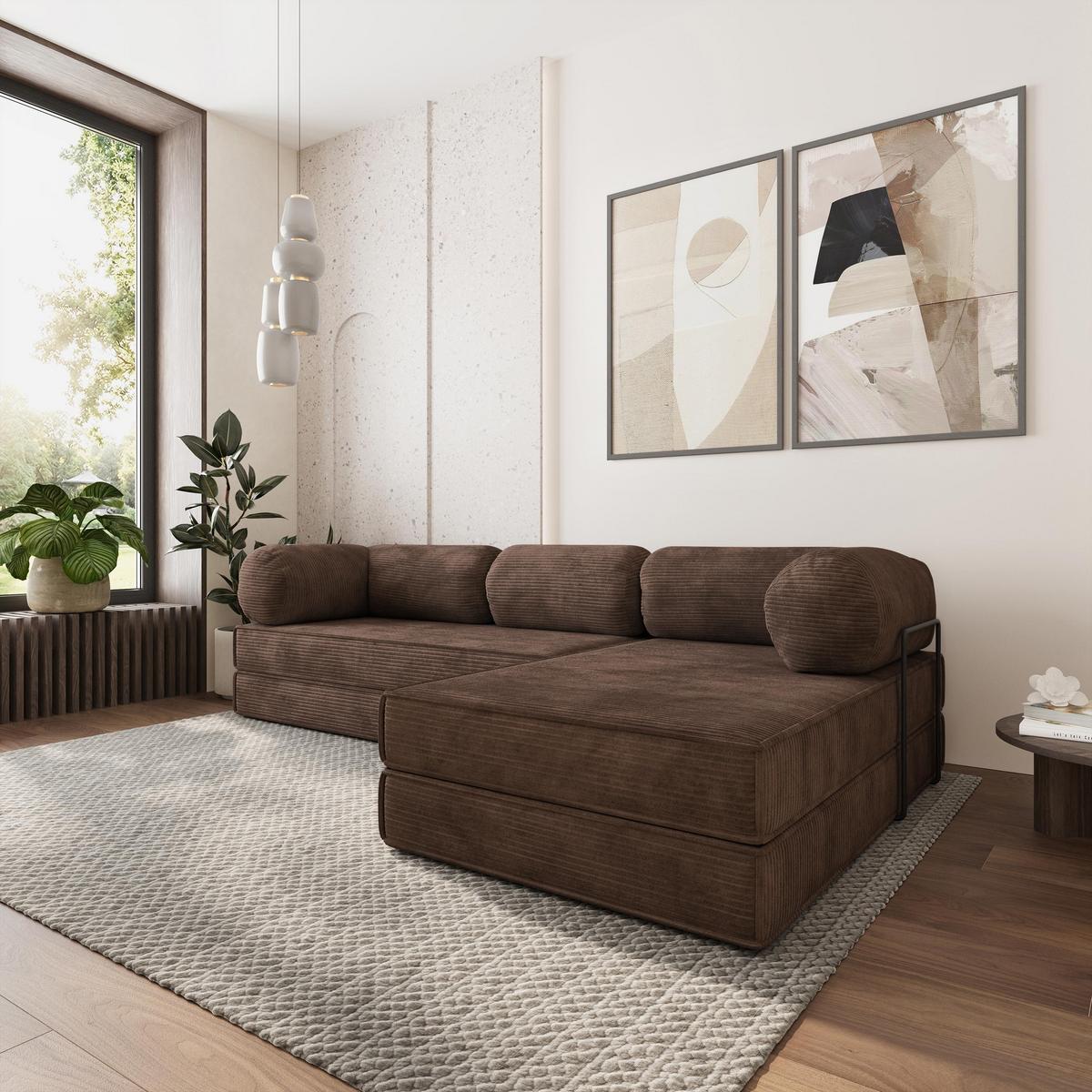 ECKSOFA ETERA modulares Boneless Sofa mit Schlaffunktion Braun Kordstoff - Braun, Textil (270/160cm) - MASSENO