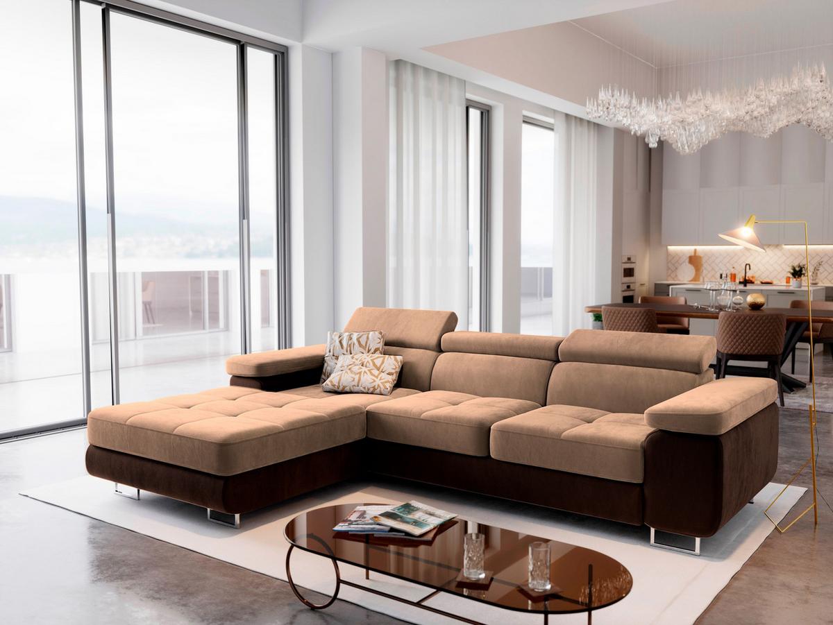 ECKSOFA ELMA L-S Beige Velours-Stoff mit Schlaffunktion - Beige/Silberfarben, Holz/Textil (280/205cm) - MASSENO