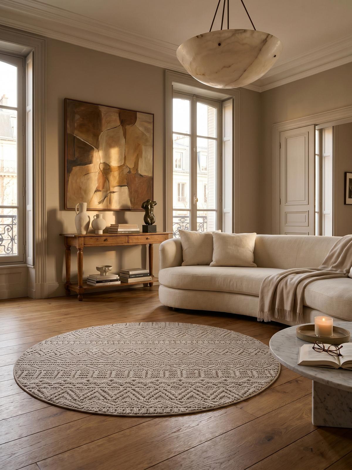 TEPPICH Flachgewebe LANGAU in Beige, mit Ethno-Streifen, Ø 120 cm - Beige, Textil (120/120cm) - KADIMA DESIGN