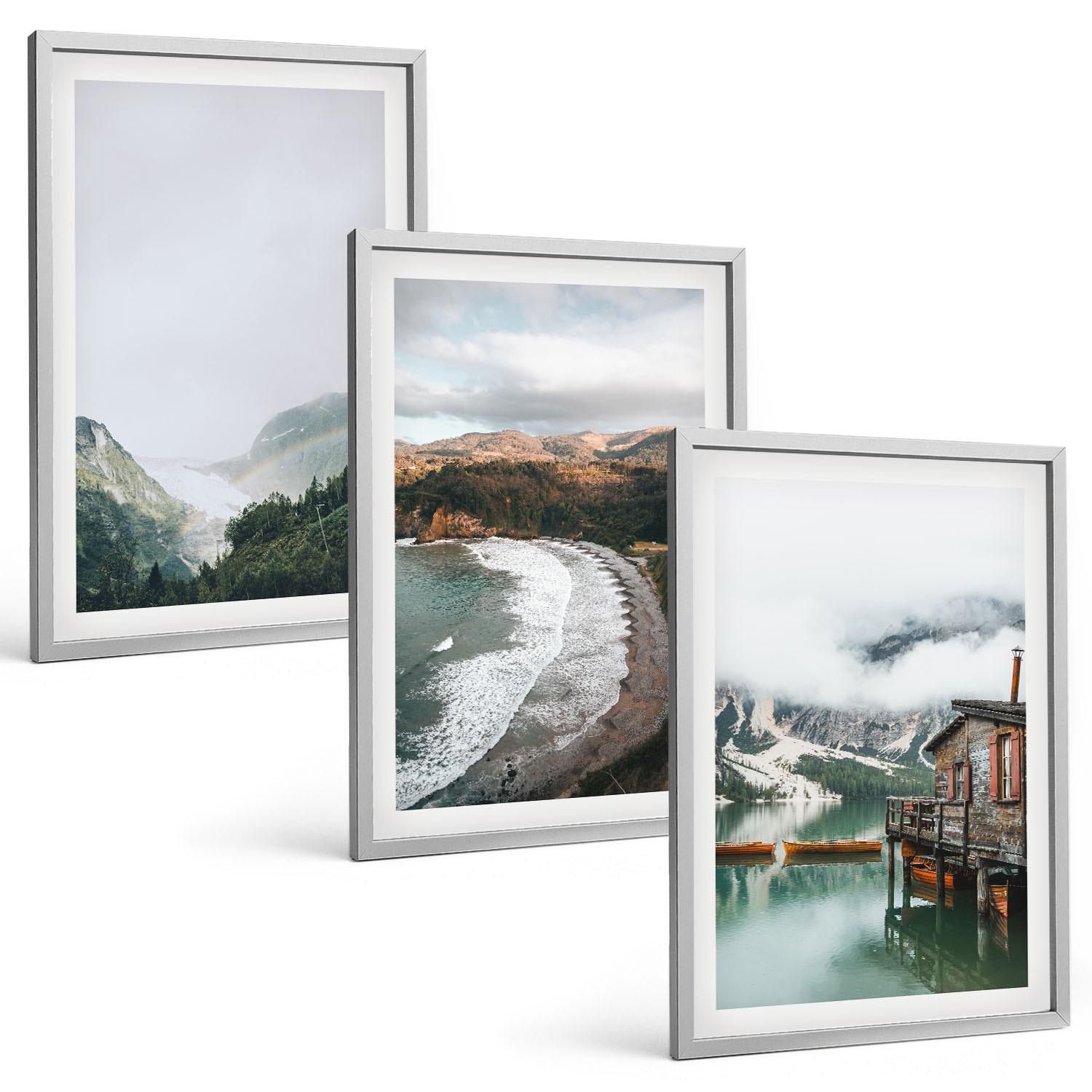 BILDER SET 3er Set - 40x60 cm Silberner Rahmen - Berge, Strand, Wolken, Wasser - Silberfarben, Kunststoff (40/60cm) - TULUP