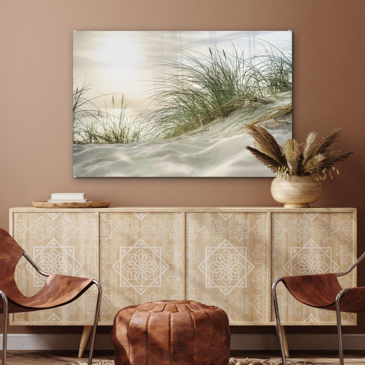 ACRYLGLASBILD Dünen mit Strandhafer in der Sonne des Nationalparks Schleswig-Holsteinisches Wattenmeer Wandbild Schlafzimmer 120x80 cm - Creme, Glas (120/80cm) - MuchoWow
